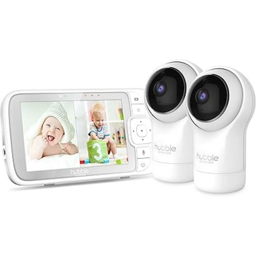 Hubble View Pro Twin 5" Video Baby Monitor with Camera and Audio, NightVision Baby Monitor with 2 Cameras Split Screen & Pan Tilt Zoom; 2Way Talk, Lullabies & Room Temp Sensor, Baby Monitor no WiFi