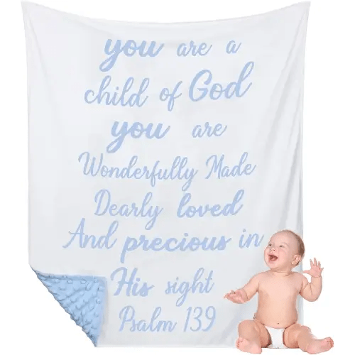 Rtteri Christian Gift for Baby Plush Baby Blanket with Dotted Backing First Communion Gift Baptism Blanket Scripture Swaddle Bible Verse for Newborn Boy Girl Christening Godchild Gift(Blue and White)