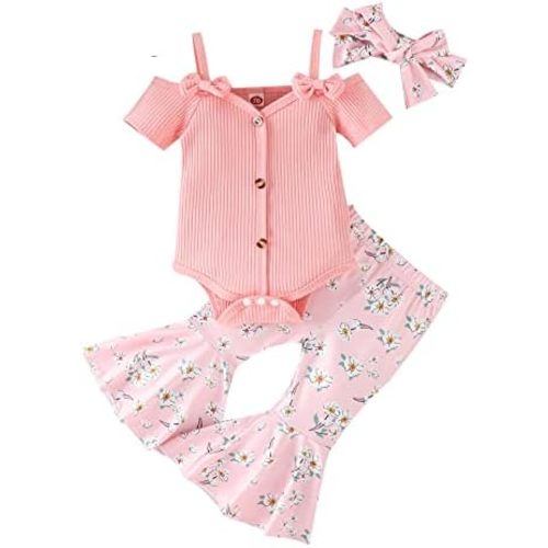 Fernvia Infant Baby Girl Clothes Suspenders Short Sleeve Ribbed Romper Flared Pants Set Headband 3pcs Summer Outfit
