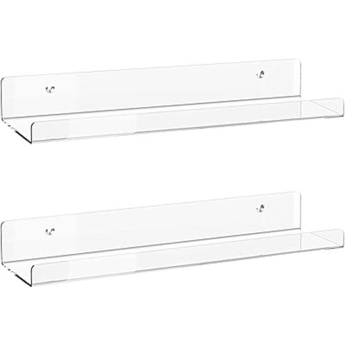 Acrylic Floating Shelves, 2 Pack of 15 inches Invisible Acrylic Floating Wall Ledge Shelf, Wall Mounted Nursery Kids Bookshelf, Spice Rack, Bathroom Storage Shelves for Cosmetics, Photos, Books, Spice
