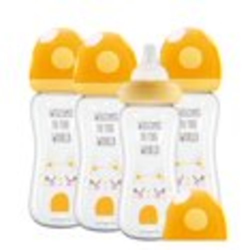YOHKOH Yellow Glass Baby Bottles,with Natural Response Nipple,for 3m+ Toddler(8.8oz ,4pk)