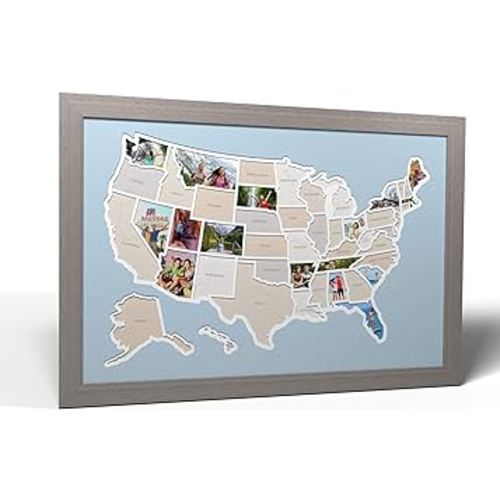 50 States USA Photo Map - Frame Optional - Made in America (Caribbean, Grey Frame)