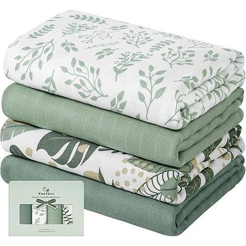 Yoofoss Muslin Swaddle Blankets, 4-Pack Receiving Blankets for Baby Boys and Girls, 47 x 47 Inches Neutral Swaddle Wrap 70% Rayon from Bamboo and 30% Cotton