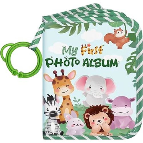 Lanpn My First Soft Cloth Family Photo Book Holds 17 4x6 Pictures, Baby Photo Album with Name Card Name Tag Stickers, Fabric Kid Memory Keepsake Gift for Baby Shower Newborn Toddler Boy Girl (Animal)