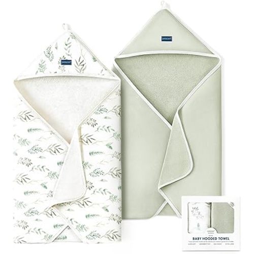 GRSSDER Baby Hooded Towel 2 Pack for Newborn, Super Soft Bath Towels with Original Designs, Ultra Absorbent Knit Terry, Large Toddler Towels with Hood for Boys Girls, Shower Gifts for Infant,34"x 34"
