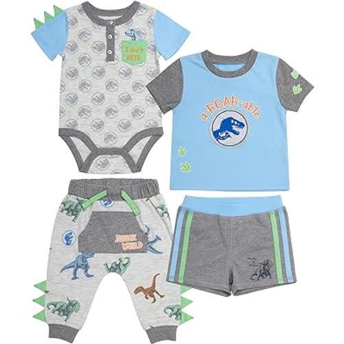 Jurassic Baby Boys 4 Piece Clothing Set | One-Piece Bodysuit, Gel Overlay Shorts, Short Sleeve T-Shirt, Jogging Pants