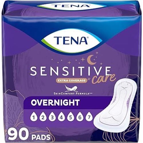 TENA Incontinence Pads, Bladder Control & Postpartum for Women, Overnight Absorbency, Extra Coverage, Sensitive Care - 90 Count