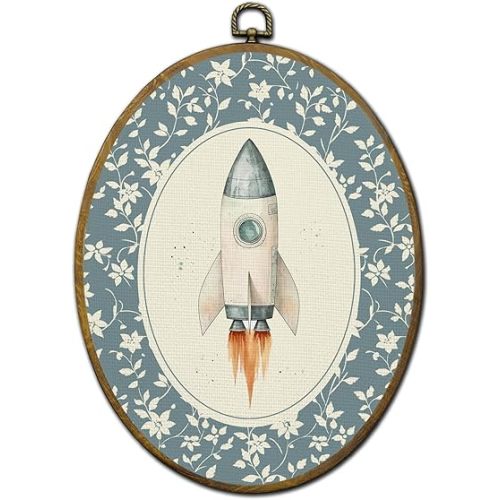QZQE Vintage Space Nursery Rocket Oval Wall Art Decor Framed, Playroom Oval Canvas Prints, Blue Flower Rocket Wall Hanging Decor for Home Kids Toddler Boys Room Bedroom Playroom, 8.6x11.4 Inch
