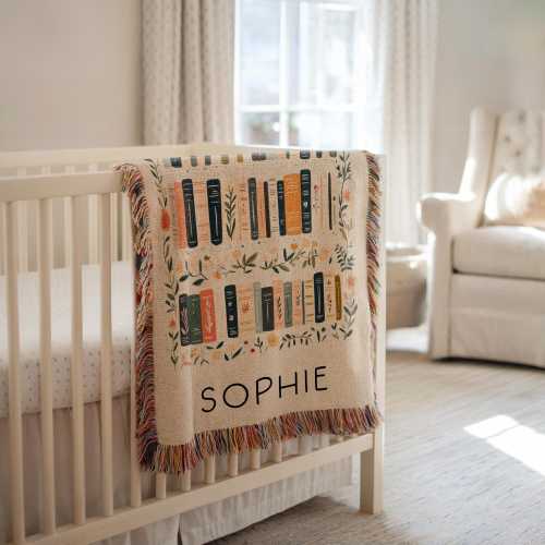 Book Lovers Baby Woven Blanket, Book Blanket for Nursery Decor, Wildflowers and books Blanket Gift for Baby Shower, Gift for Booklover Mom