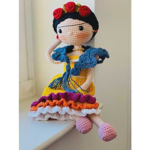 FRIDA KAHLO Crochet Doll Mexican painter Artist companion Unique friend Christmas gift Natural toy wire structure Miniature knit baby Sale