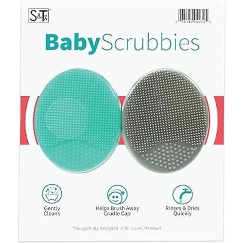 S&T INC. Exfoliating and Massaging Cradle Cap Bath Brushes for Baby, Silicone - 2 Inch x 2.5 Inch, Grey and Teal, 2 Pack