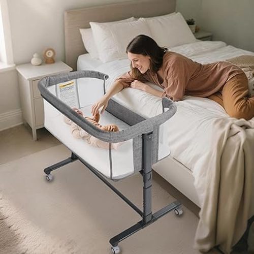Kinder King Baby Bassinet w/Wheels, Folding Portable Newborn Bedside Sleeper, All-Sided Mesh Infant Crib, Adjustable Height, Removable Soft Mattress, No Tool to Assemble, Grey
