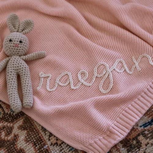 Personalized Hand Embroidered Knit Baby Blanket // Custom Name Swaddle Blanket