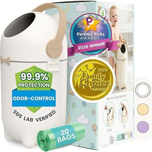 iTouchless Odor-Locking Diaper Pail - 2026 Award-Winning Ag+ Silver Ion Nursery Bin - Fits Any Bag, No Refills Needed - Includes 20 Leak-Proof Bags (Hold 300 Diapers) - Boho White Baby Registry Gift