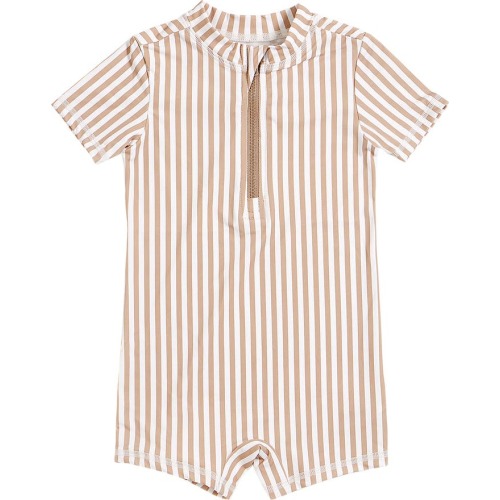Petit Lem Stripe Short Sleeve One-Piece Rashguard Swimsuit, Sand