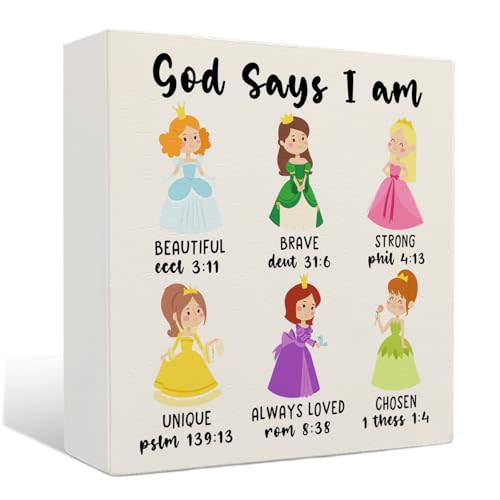 Nrleey Princess Decor for Girls Bedroom - Princess God Says I Am Wooden Box Signs, Inspirational Christian Bible Verse Decor for Girl Room, 5 X 5 Inches