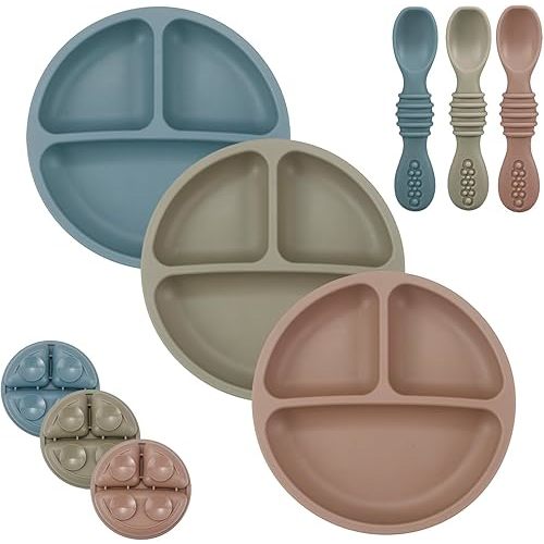 Baby Feeding Set, 3 Pack Toddler Plates with 3 Spoons