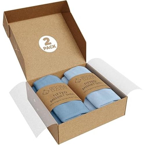 Bassinet Fitted Sheets - Compatible with Mika Micky, Fodoss & Dream on Me Poppy Traveler Bassinet | 100% Organic Jersey Cotton - Light Blue + Dark Blue | 32x19 (2 Pack)