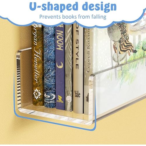 NIUBEE 24-Inch Acrylic Kids Floating Bookshelves, 2-Pack, Wall Mounted Clear Shelves for Kids' Growing Book Collections in Nurseries/Bedroom/Playrooms
