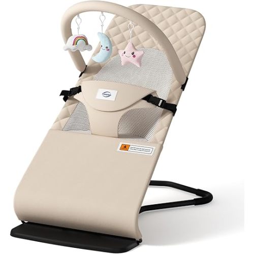 Baby Bouncer, Bouncer Seat for Babies 0-12 Months, Ergonomic Rocking Chair with Detachable Hanging Bar, 3-Height Adjustments, Foldable & Portable Infant Rocker, Machine Washable Fabric, Beige