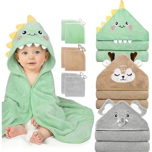 CandyHome 9 PCS Baby Bath Towels for Infants Toddlers, 3 PCS Animal Hooded Baby Towels & 6 PCS Washcloths Set, Ultra Absorbent Soft Cute Newborn Bath Essentials Gifts for Boys & Girls