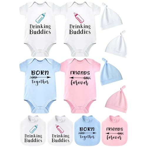 Cutecrop 4 Set Baby Boy Girl Twins Bodysuits Set Twins Matching Outfits Includes 4 Pcs Newborn Baby Romper 4 Pack Bibs and Hat for Boy Girl Gifts