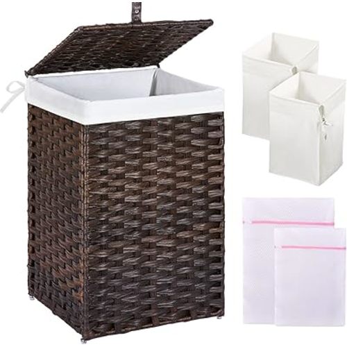 Greenstell Laundry Hamper with Lid, 60L Clothes Hamper with 2 Removable Liner Bags & 2 Mesh Laundry Bags, Handwoven Synthetic Rattan Laundry Basket for Clothes, Toys in Bathroom, Bedroom Brown