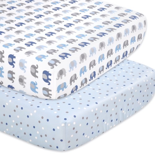 The Peanutshell Gray, Blue Elephant Microfiber Fitted Sheets, Crib Bed, (2 Pieces )