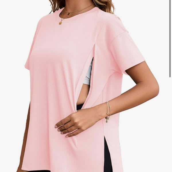 Ecavus Women's Oversized Nursing Shirts for Breastfeeding with Hidden Zipper Short Sleeves Side Splits Maternity Tops