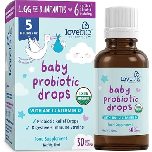 Lovebug Award Winning USDA Organic Probiotic for Infants & Babies | Helps with Colic, Reflux, Diarrhea, Constipation & Gas | Multi-Strain 5 Billion CFU | Liquid Drops | Ages 0-24 Months