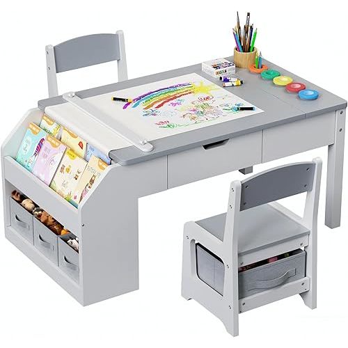 5-in-1 Kids Art Table and Chairs, Toddler Table and Chair Set, Craft Play Desk for Kids, Convertible Art Easel with Paper Roll Holder & Storage Drawers, Children Activity Learning Center-Gray
