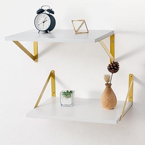 Axeman Deep Floating Shelves for Wall, 12 Inch Deep White and Gold Shelves Set of 2, 16W x 12D White Wood Wall Shelves with Golden Brackets for Bedroom Bathroom Living Room Kitchen - White & Gold