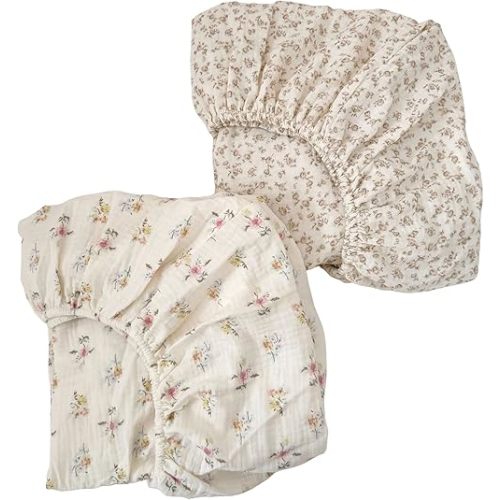 BuLuTu Muslin Floral Print Crib Sheets 2 Pack, Soft Breathable 100% Cotton Neutral Fitted Sheets Set for Standard Crib Mattress & Toddler Mattress 52"x28", Camellia & Azalea