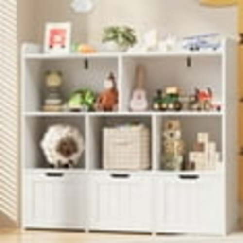 Kids Toy Storage Cabinet with 3 Movable Drawers and 6 Open Shelves, Noelse Kids Bookcase with Storage and Fall Prevention Barrier for Playroom Nursery Kids Room Organization, White