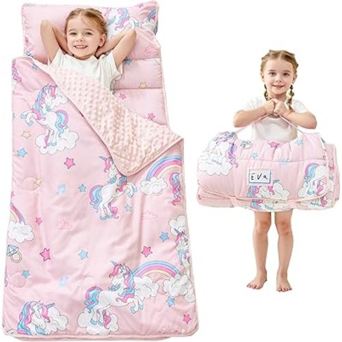 Toddler Nap Mat with Pillow and Blanket, Extra Large Rolled Napping Mats,Slumber Bags for Boys Girls,Kids Sleeping Bag for Daycare, Preschool Travel Camping