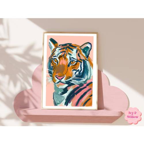 Peach Pink Tiger Head Wall Art Print - Close Up Tiger Print - Unique Gift Idea - Colourful Prints - Gloss or Matte - A5,A4,A3,A2