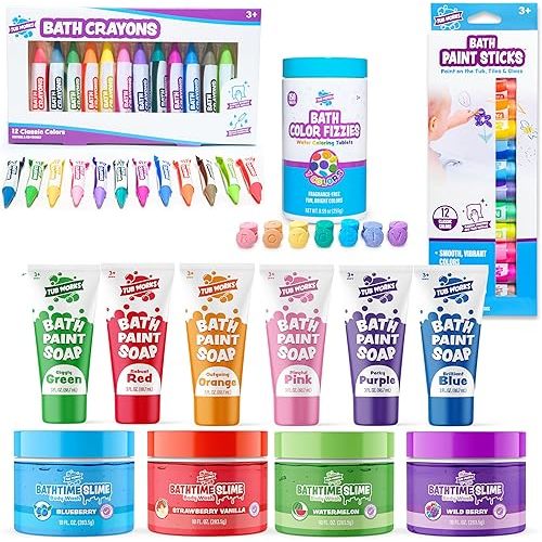 Tub Works® Kids Bath Toy Set | Nontoxic | Fizzy Bath Color Tablets (150 Count), Smooth™ Bath Crayons (12 Pack), Bath Paint Soap (6 Pack), Bath Paint Sticks™ (12 Pack) & Bath Slime Body Wash (4 Pack)