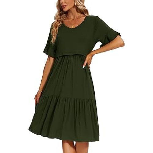 Smallshow Women's Maternity Nursing Dress Ruffle Short Sleeve Breastfeeding Clothes Medium Army Green at Amazon Women’s Clothing store