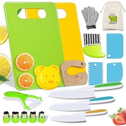 20 Pcs Montessori Kitchen Tools for Toddlers Kids Cooking Sets Safe Knife Set for Real Cooking Include Toddler Knives Crinkle Cutters Cutting Boards Sandwich Cutters Peeler for Boys Girls Birthday