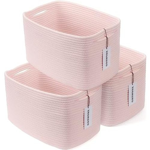 Cotton Rope storage Basket Bins Woven Basket for Organizing Shelves Rectangle Decorative Baskets For storage Clothes Toys Books Towels Square Wicker Nursery basket organizer 3 pack light pink