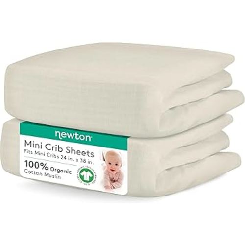 Newton Baby Mini Crib Fitted Sheets (2-Pack) | Organic Muslin Cotton, 100% Breathable & Soft Baby Sheets, Machine Washable Baby Mattress Sheets, Fits Any Mini Sized Crib 24" x 38", Oatmeal