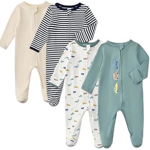 Aablexema Baby Footed Pajamas with Mitten Cuffs Zipper 4-Pack Infant Newborn Cotton Long Sleeve Outfit