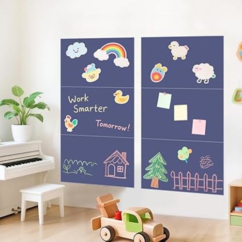 Magnetic Chalkboard Wall Decal for Kids Set of 6 Peel and Stick Magnet Sheets with Chalk Tangram Puzzle and Multiple Accessories Dusty Blue Magnetic Chalk Boardfor Home Playroom and Classroom