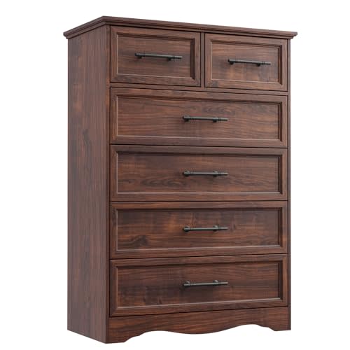 Walnut Farmhouse Dresser for Bedroom, Modern 6 Chest of Drawers, 44" Tall Chest of Drawers with Brushed Metal Handle, Wood Closet Organizers and Storage Cabinet for Bedroom, Living Room, Hallway