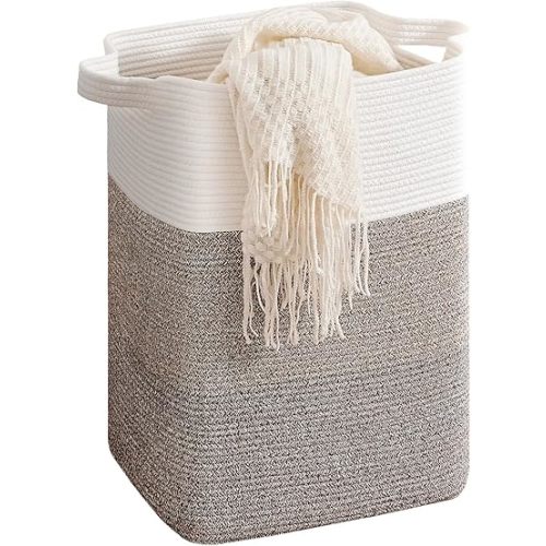 CLHMILY&Z 75L Laundry Hamper Rectangular Cotton Rope Basket - 16x13x22 Inches - Durable and Soft Storage Bin for Clothes, Toys, and Nursery Essentials, Brown & White