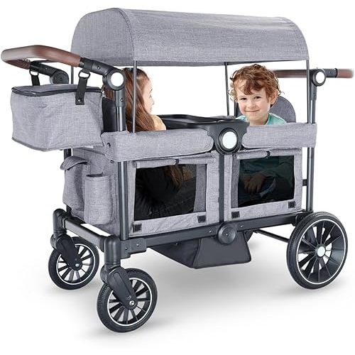 Kinder King Folding Wagon Stroller for 2 Kids, All-Terrain Baby Stroller Wagon Outdoor, Removable Canopy 2 Seater, Adjustable Handle, Shock-Absorbing Wheel, Detachable Tray, Parent Organizer, Gray