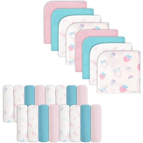 Baby Washcloths, 24Pack Baby Wash Cloths Extra Soft & Ultra Absorbent, Baby Towels Face Towel Unisex for Boys Girls Face & Body, Washclothes Gentle on Sensitive Skin, 9''x 9'' Strawberries