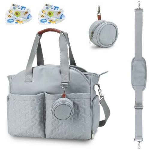 Babyluv"Breast Pump & Diaper Tote Bag with Detachable Strap, Side Pockets, Free Bibs, Compatible with Spectra & Medela"LightBlue