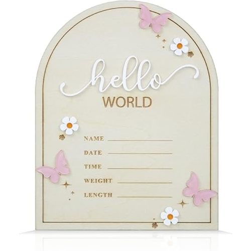 Baby Announcement Sign Wooden Hello World Birth Announcement With Flowers Plaques for Photo Props Baby Shower Hospital Nursery (Flower)