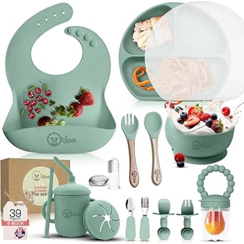 O'doe 17-Piece BPA-Free Silicone Baby Feeding Set | Thick & Soft Suction Plates, Baby Bowls, Wooden Fork & Spoon, and More | Make Mealtime Fun and Easy for Your Little One (Green, V2)